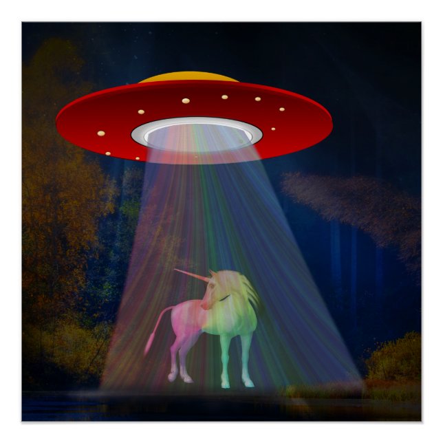 Unicorn Under UFO Rainbow Beam at Night, ZKoA Poster (Front)