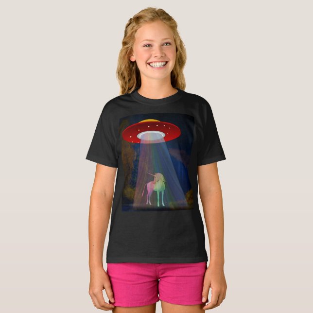 Unicorn Under UFO Rainbow Beam at Night, ZKoA T-Shirt (Front Full)