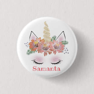 Unicorn, Unicorn Face, personalized, girly, floral 1 Inch Round Button