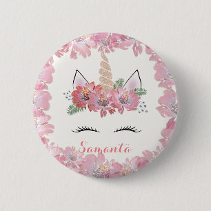 Unicorn, Unicorn Face, personalized, girly, floral 2 Inch Round Button