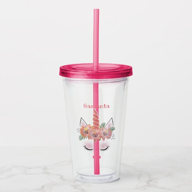 Unicorn, Unicorn Face, personalized, girly, floral Acrylic Tumbler (Front)