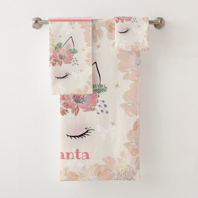 Unicorn, Unicorn Face, personalized, girly, floral Bath Towel Set (Insitu)