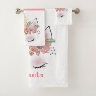Unicorn, Unicorn Face, personalized, girly, floral Bath Towel Set