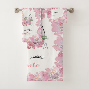 Unicorn, Unicorn Face, personalized, girly, floral Bath Towel Set