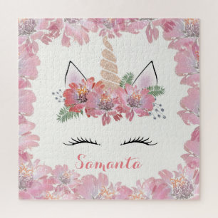 Unicorn, Unicorn Face, personalized, girly, floral Jigsaw Puzzle