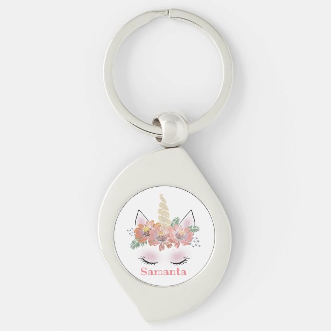 Unicorn, Unicorn Face, personalized, girly, floral Keychain (Front)