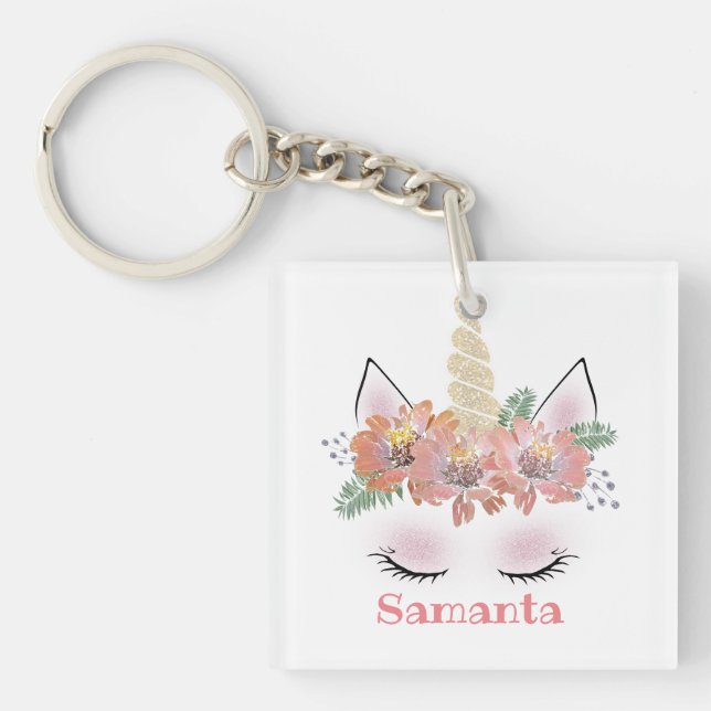 Unicorn, Unicorn Face, personalized, girly, floral Keychain (Front)