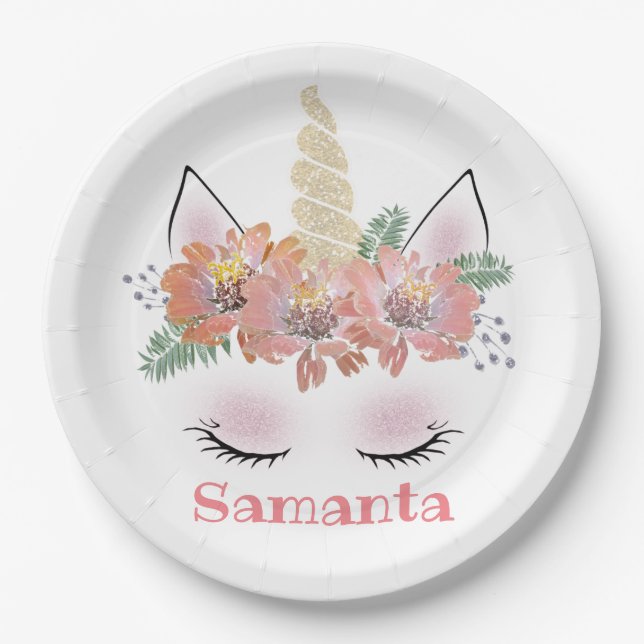 Unicorn, Unicorn Face, personalized, girly, floral Paper Plate (Front)