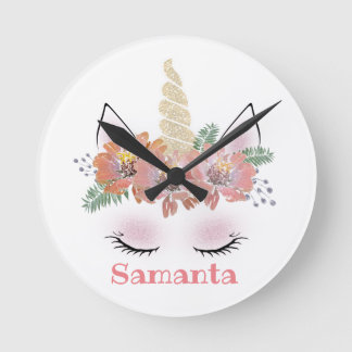 Unicorn, Unicorn Face, personalized, girly, floral Round Clock