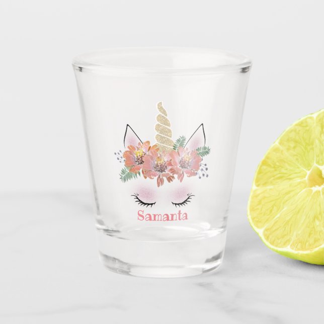 Unicorn, Unicorn Face, personalized, girly, floral Shot Glass (Front)