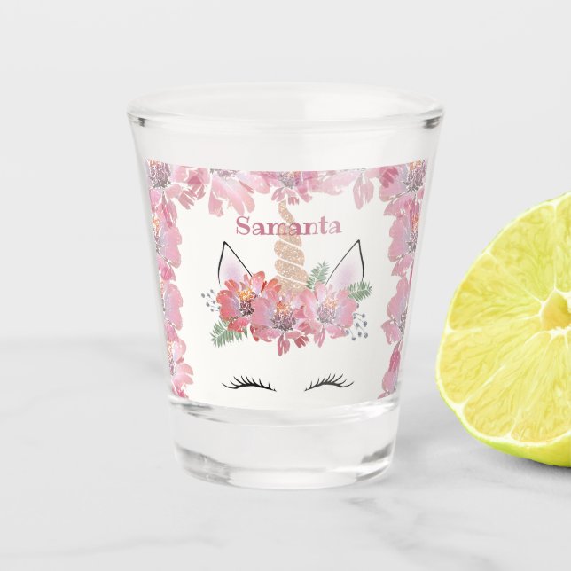 Unicorn, Unicorn Face, personalized, girly, floral Shot Glass (Front)