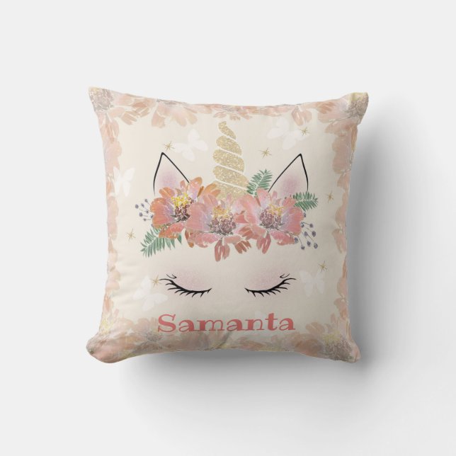 Unicorn, Unicorn Face, personalized, girly, floral Throw Pillow (Front)