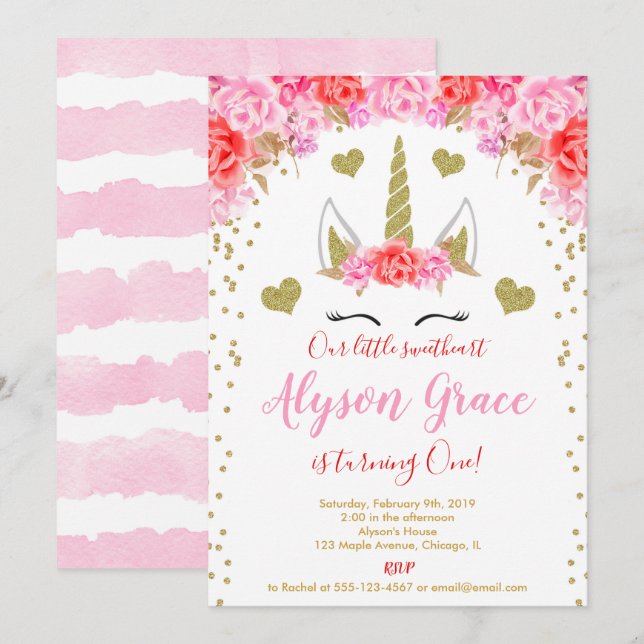 Unicorn Valentines day birthday pink red gold Invitation (Front/Back)