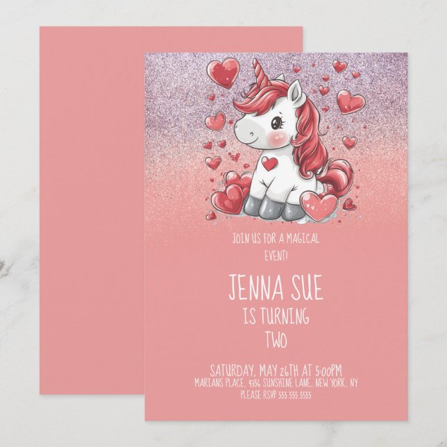 Unicorn Valentines Day Party Invitation (Front/Back)