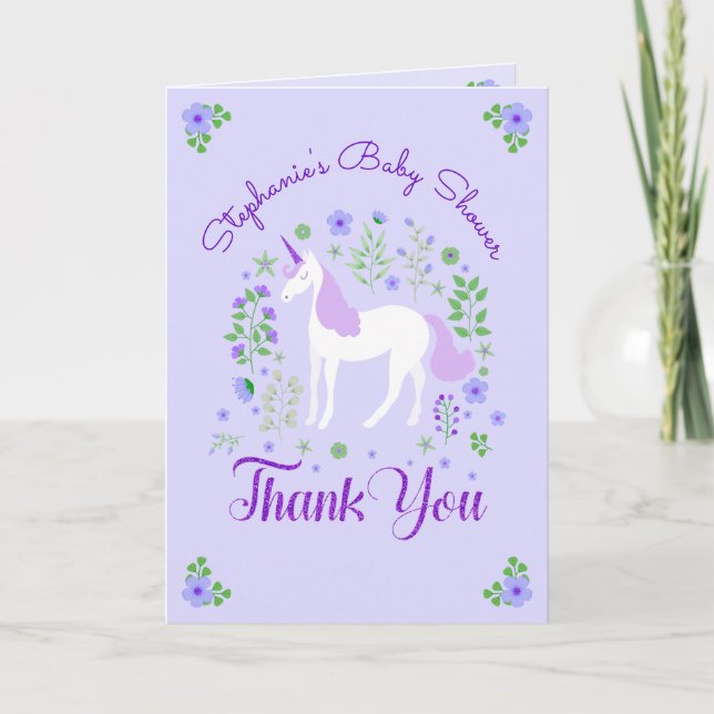 Unicorn violet Baby shower personnalisé Merci (Devant)