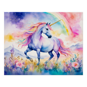 Unicorn Walking Beneath A Shimmering Rainbow Poster