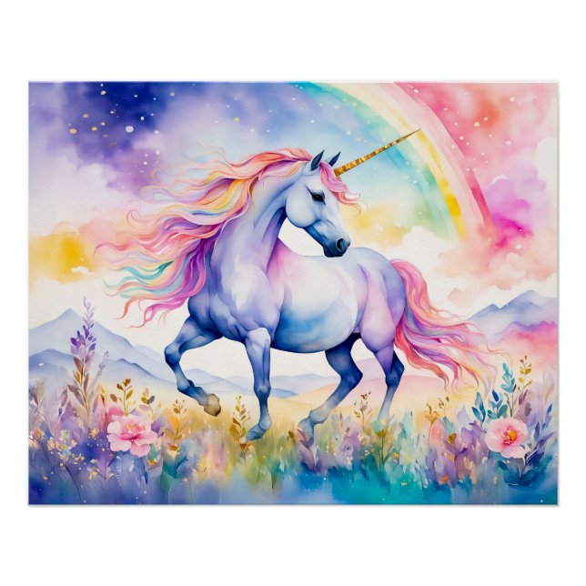 Unicorn Walking Beneath A Shimmering Rainbow Poster (Front)