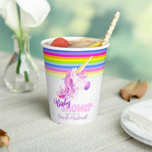 Unicorn watercolor and rainbow baby shower cups
