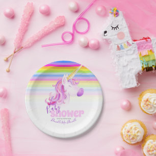 Unicorn watercolor and rainbow baby shower plates