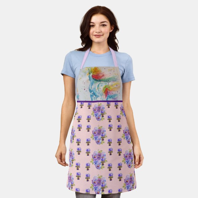 Unicorn Watercolor Painting Purple Womans Apron (Worn)