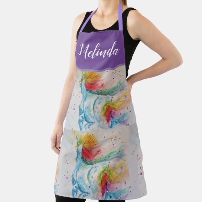 Unicorn Watercolor Painting Purple Womans Apron (Insitu)