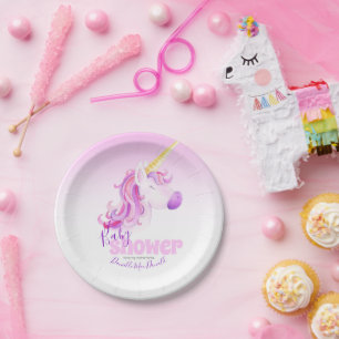 Unicorn watercolor pink baby shower plates