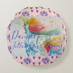 Unicorn Watercolor Pink Floral Girls Name Blanket Round Pillow