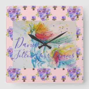 Unicorn Watercolor Pink Floral Girls Name Blanket Square Wall Clock