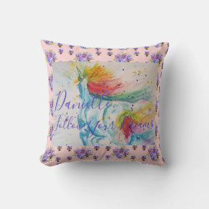 Unicorn Watercolor Pink Floral Girls Name Blanket Throw Pillow