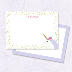 Unicorn Watercolor Pink Gold Dot Girl's Stationery Card