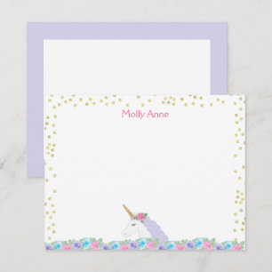 Unicorn Watercolor Pink & Gold Girl's Stationery Card