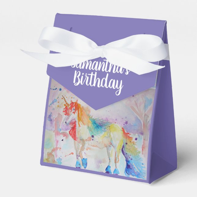 Unicorn Watercolour Birthday Party Cake Favour Box (Front Side)