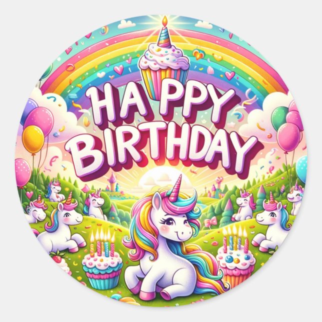 Unicorn Whimsical birthday stickers (Front)