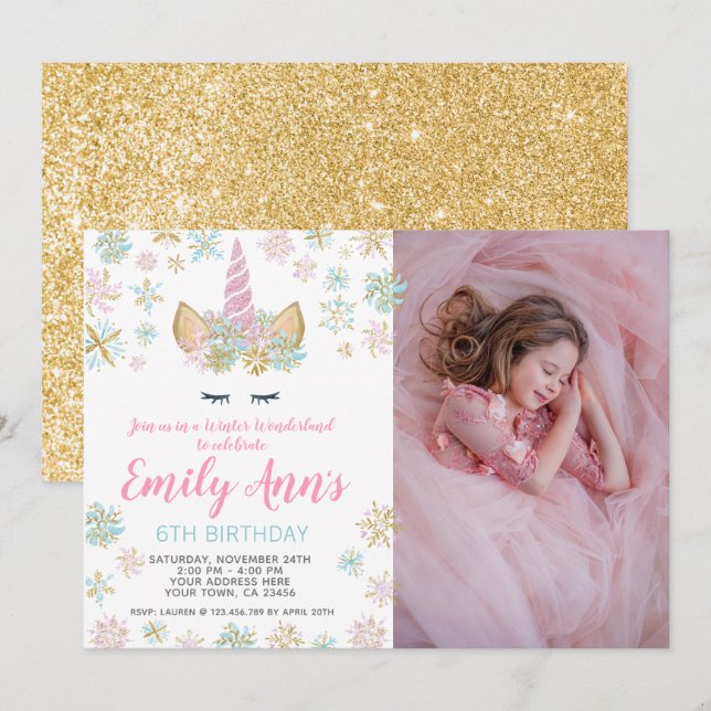 Unicorn Winter Birthday Invitation with Photo (Front/Back)