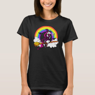 Unicorn Witch Riding Broom Magical Rainbow Hallowe T-Shirt