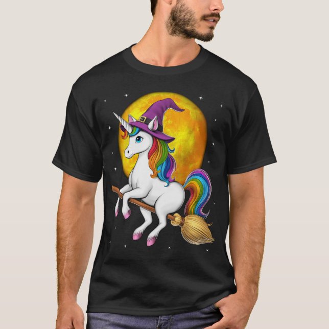 Unicorn Witch Riding Broom  T-Shirt (Front)