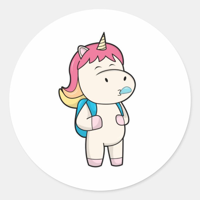 Unicorn with Backback & Chewing gum Classic Round Sticker (Front)