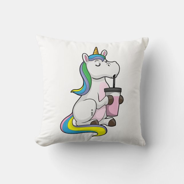 Unicorn with Bubble Tea Throw Pillow (Front)