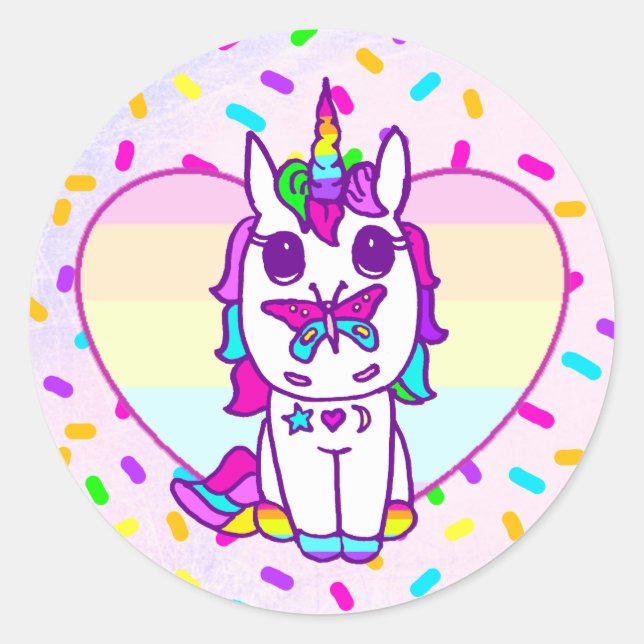 Unicorn with Butterfly on nose rainbow heart Classic Round Sticker (Front)