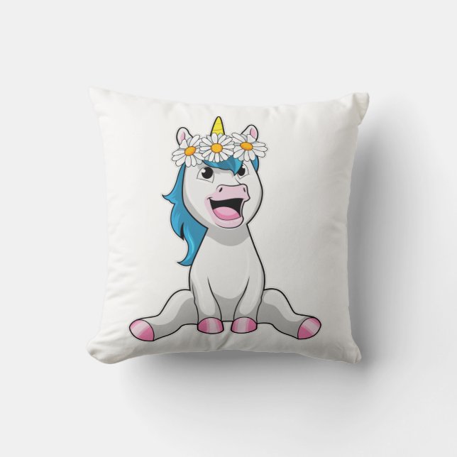 Unicorn with Flowers Daisy Throw Pillow (Front)