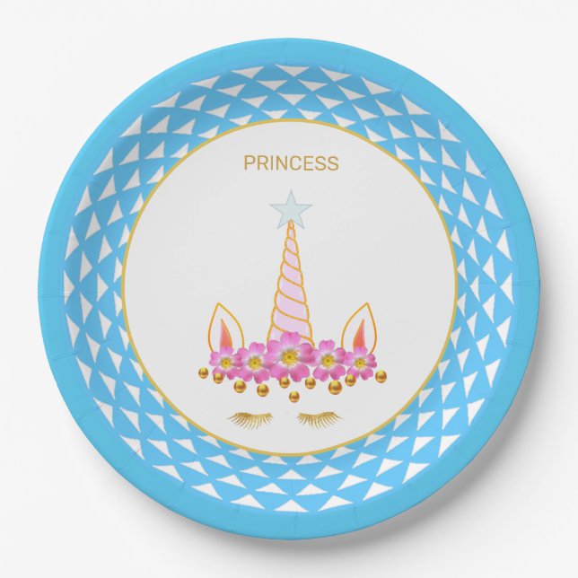 Unicorn with flowers & gold confetti on light blue paper plate (Front)