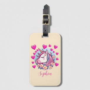 Unicorn With Pink Hearts & Flowers, Name, Creme Luggage Tag
