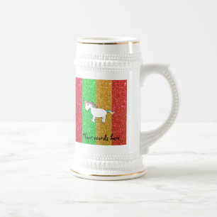 Unicorn with rainbow glitter stripes beer stein