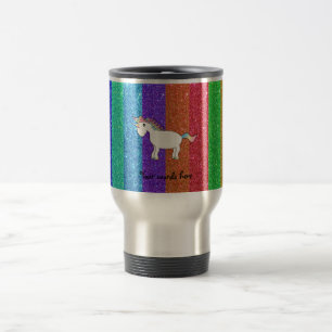 Unicorn with rainbow glitter stripes travel mug