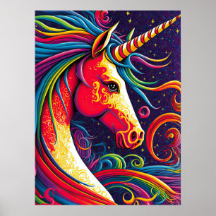 Unicorn with Rainbow Mane and Starry Night Ai Art Poster