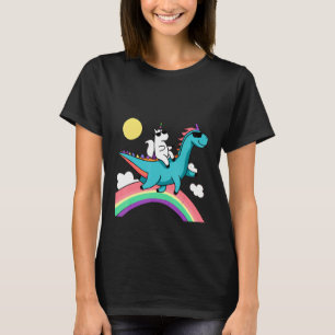 unicorn with sunglasses riding a dinosaur and rain T-Shirt