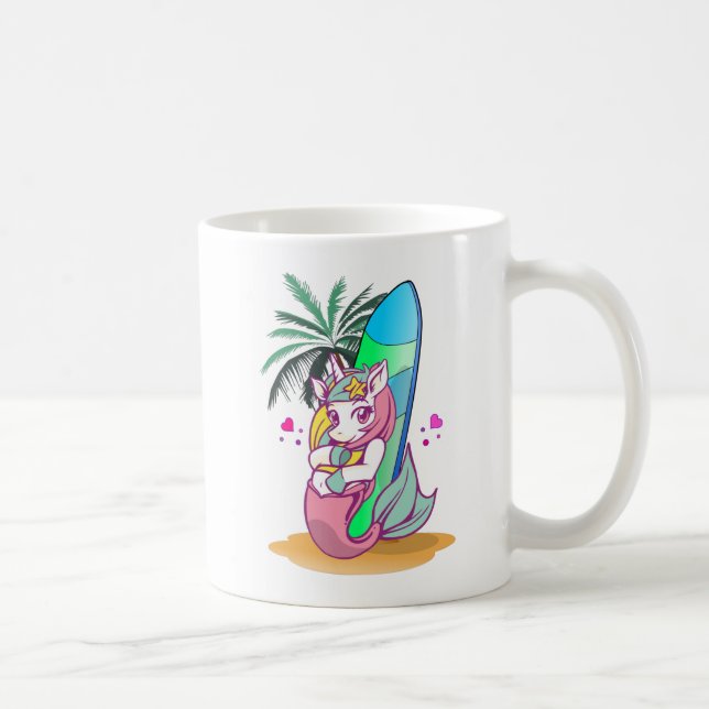 Unicorn with surfboard on the beach coffee mug (Right)