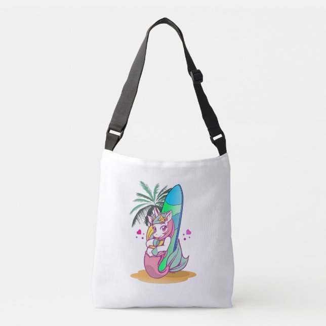 Unicorn with surfboard on the beach crossbody bag (Front)