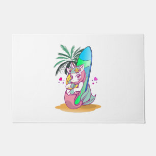 Unicorn with surfboard on the beach doormat