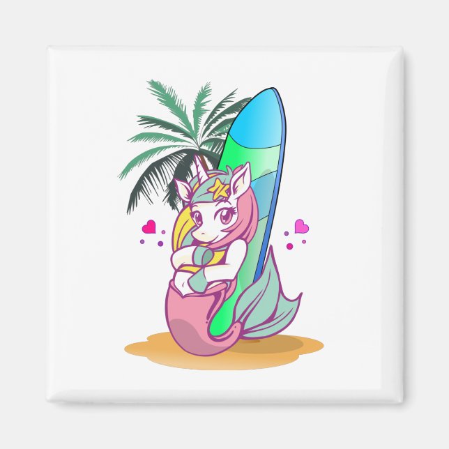 Unicorn with surfboard on the beach magnet (Front)